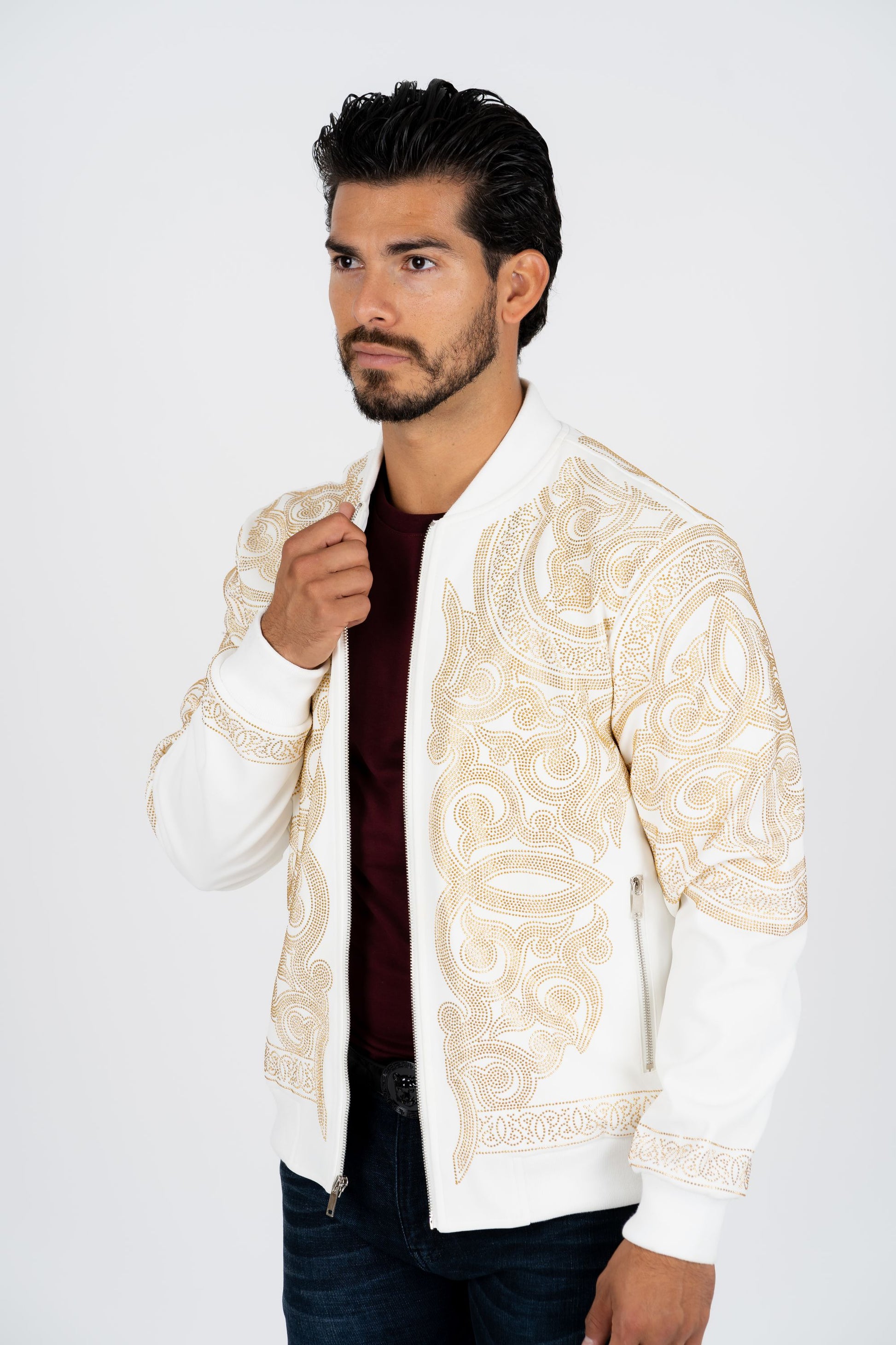 white rhinestone bomber jacket platini side
