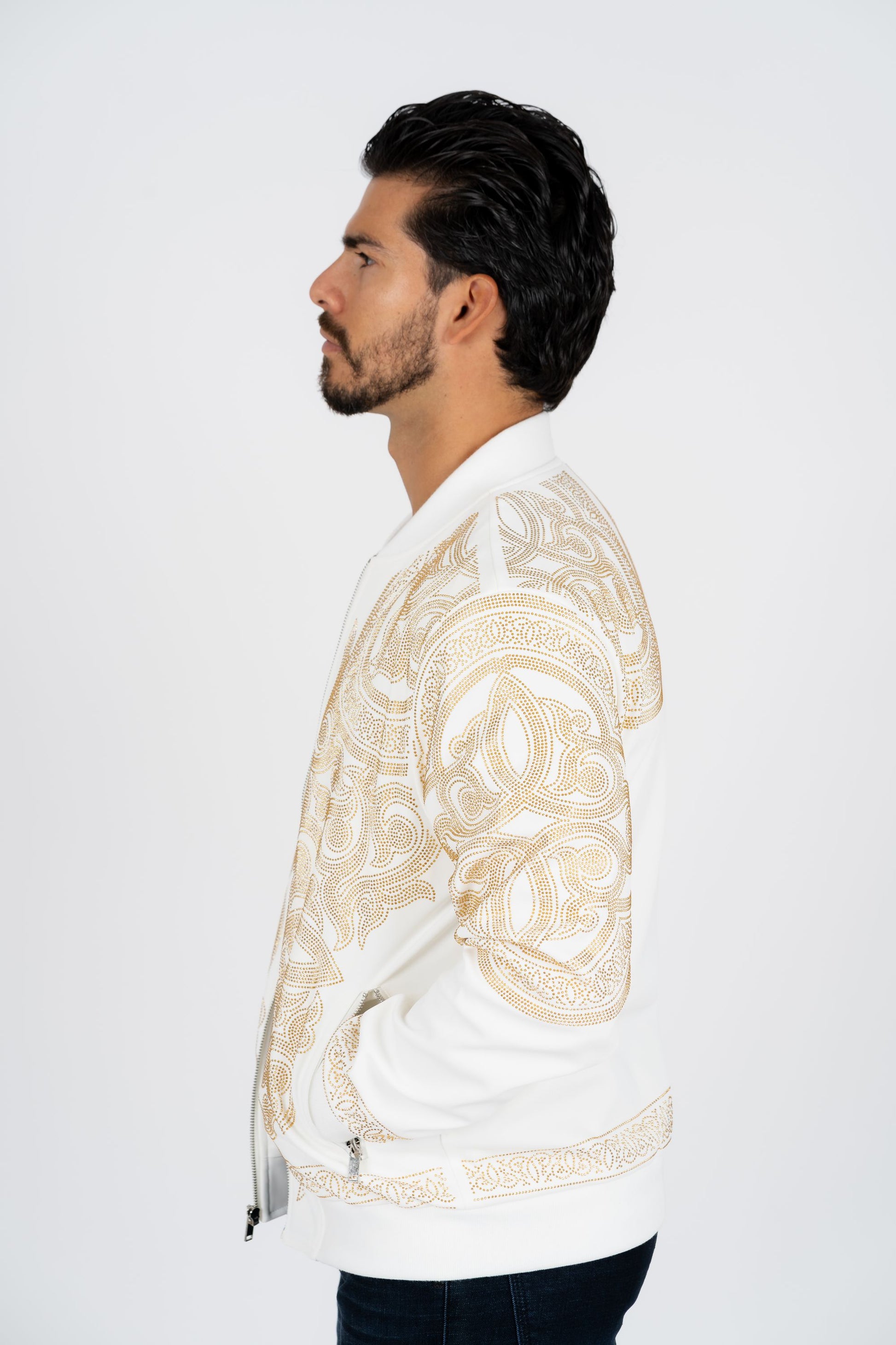 white rhinestone bomber jacket platini detail