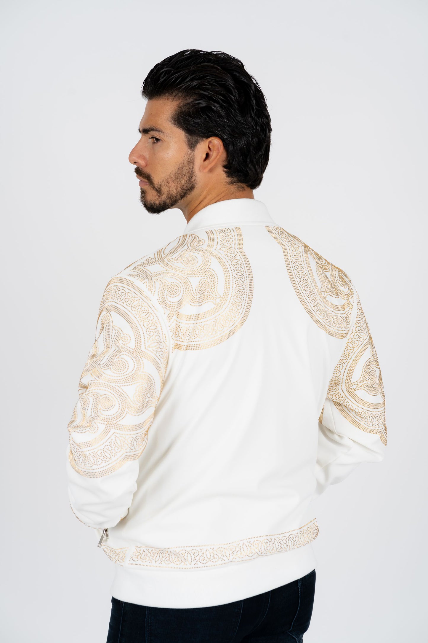 white rhinestone bomber jacket platini back