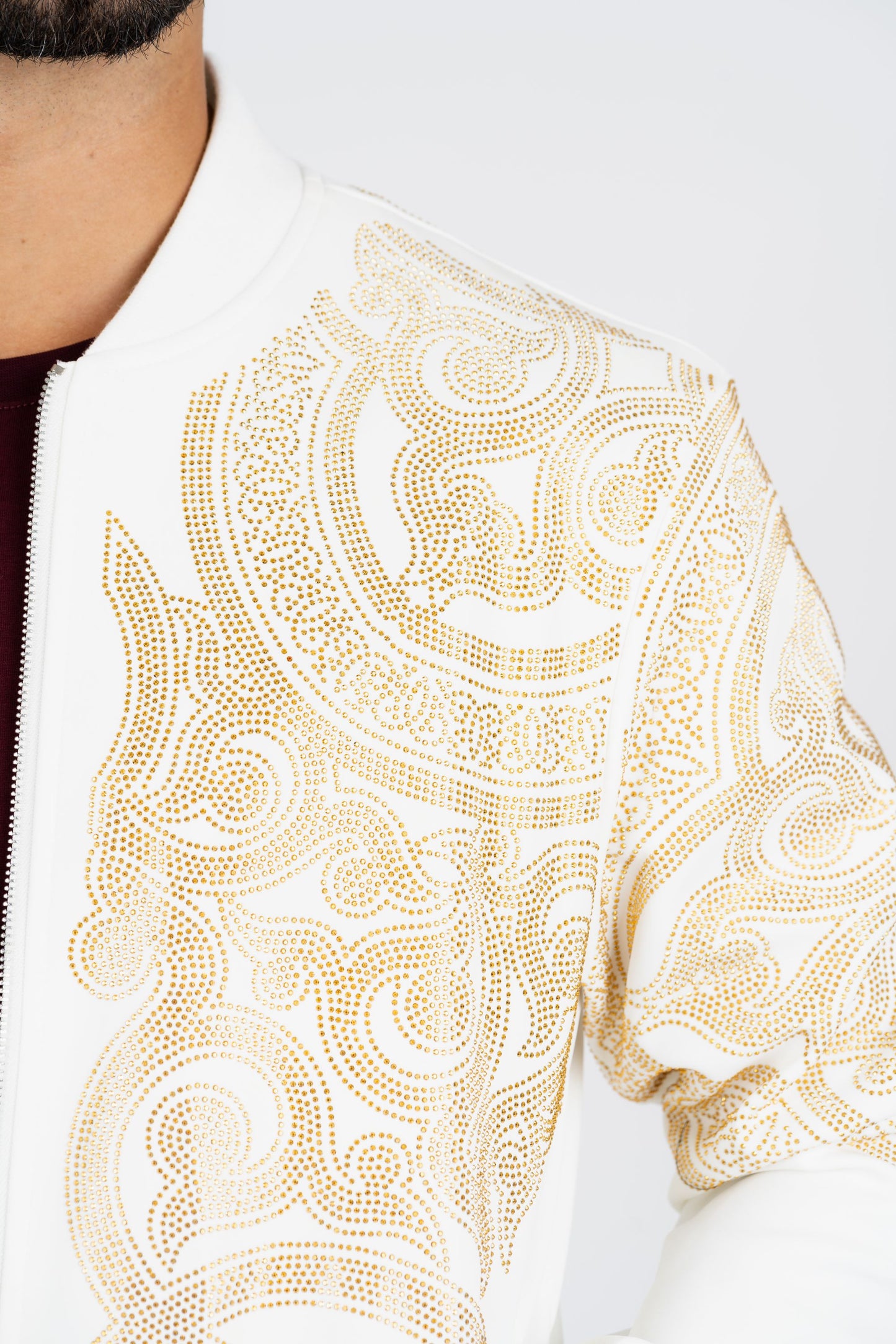 white rhinestone bomber jacket platini detail