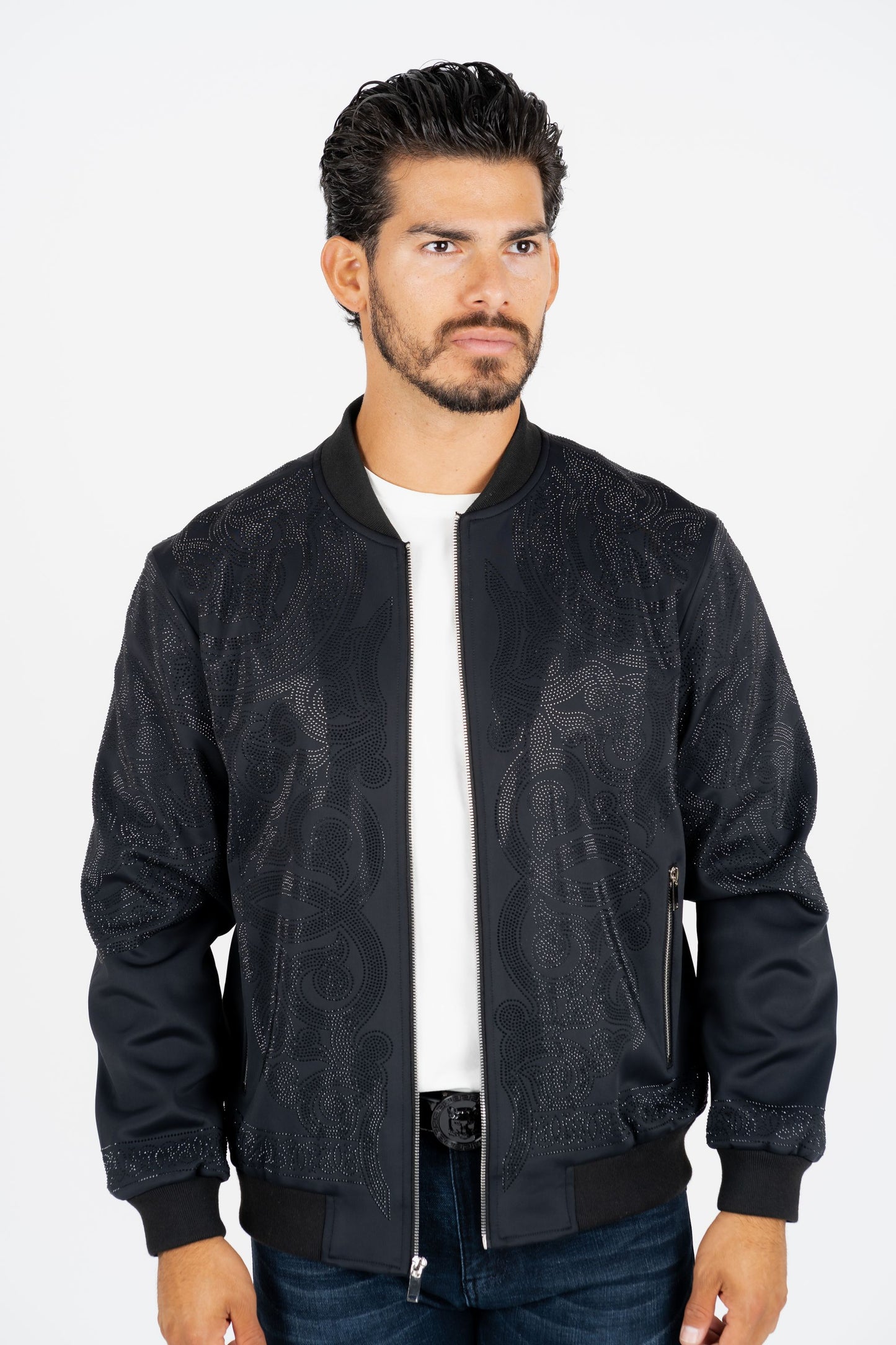 black ii rhinestone bomber jacket platini front