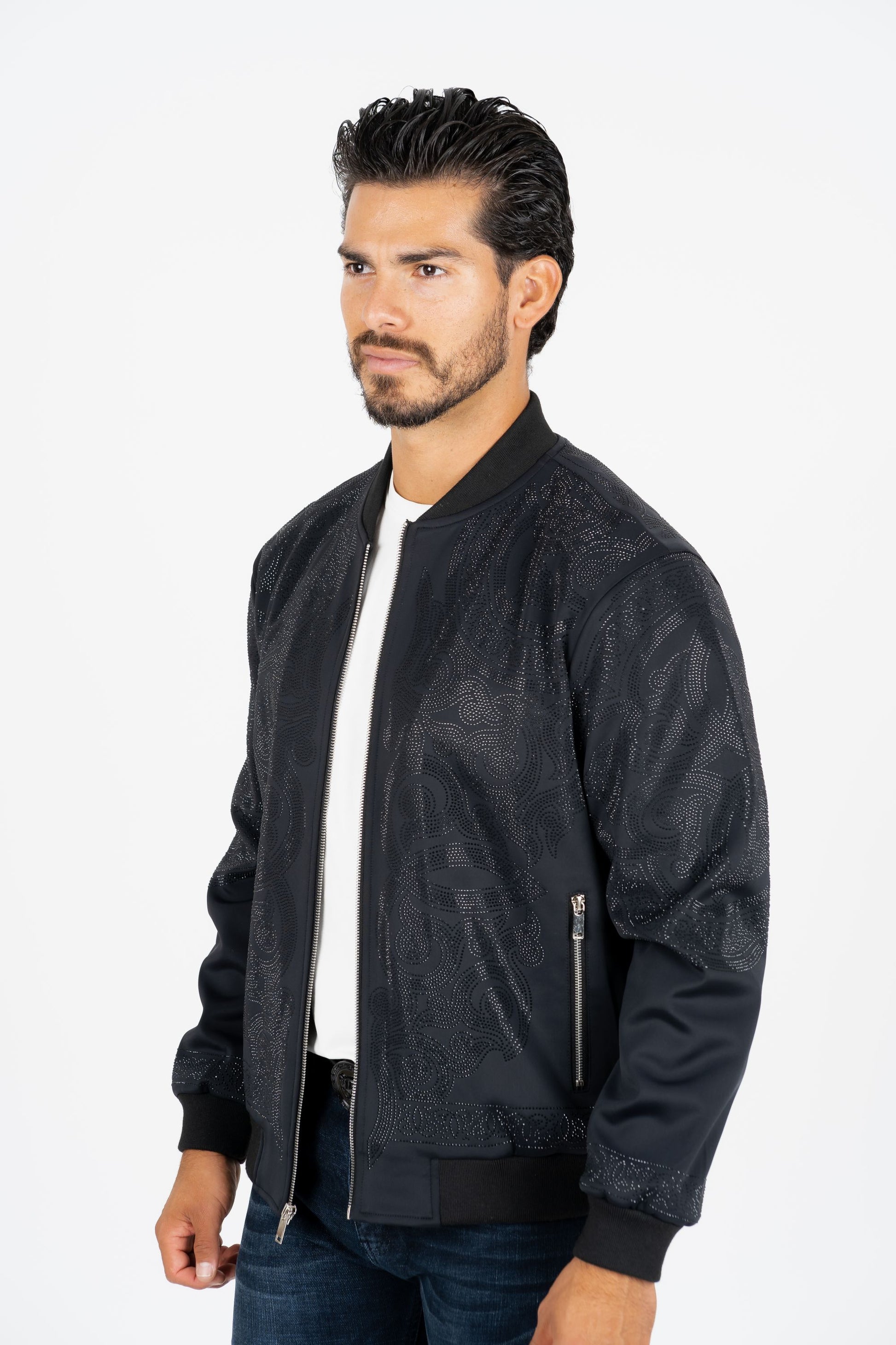 black ii rhinestone bomber jacket platini side