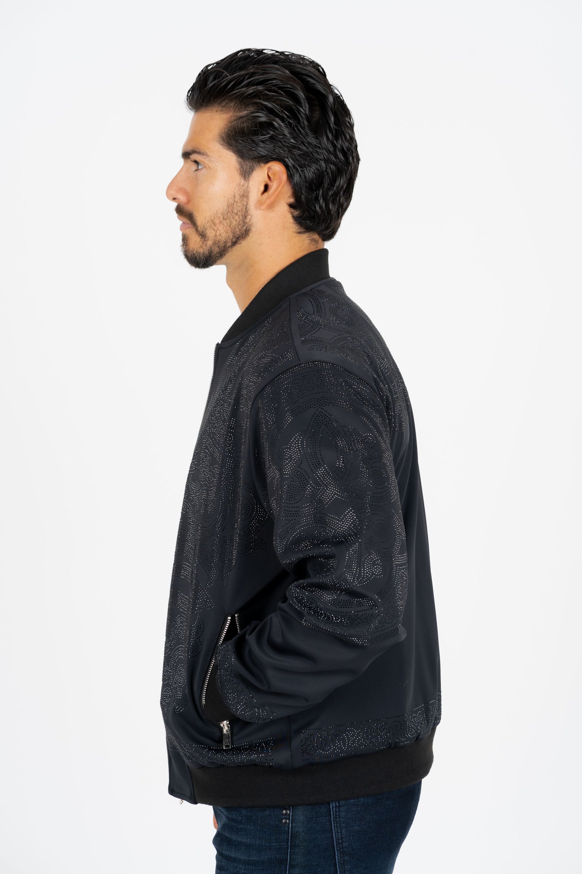 black ii rhinestone bomber jacket platini detail