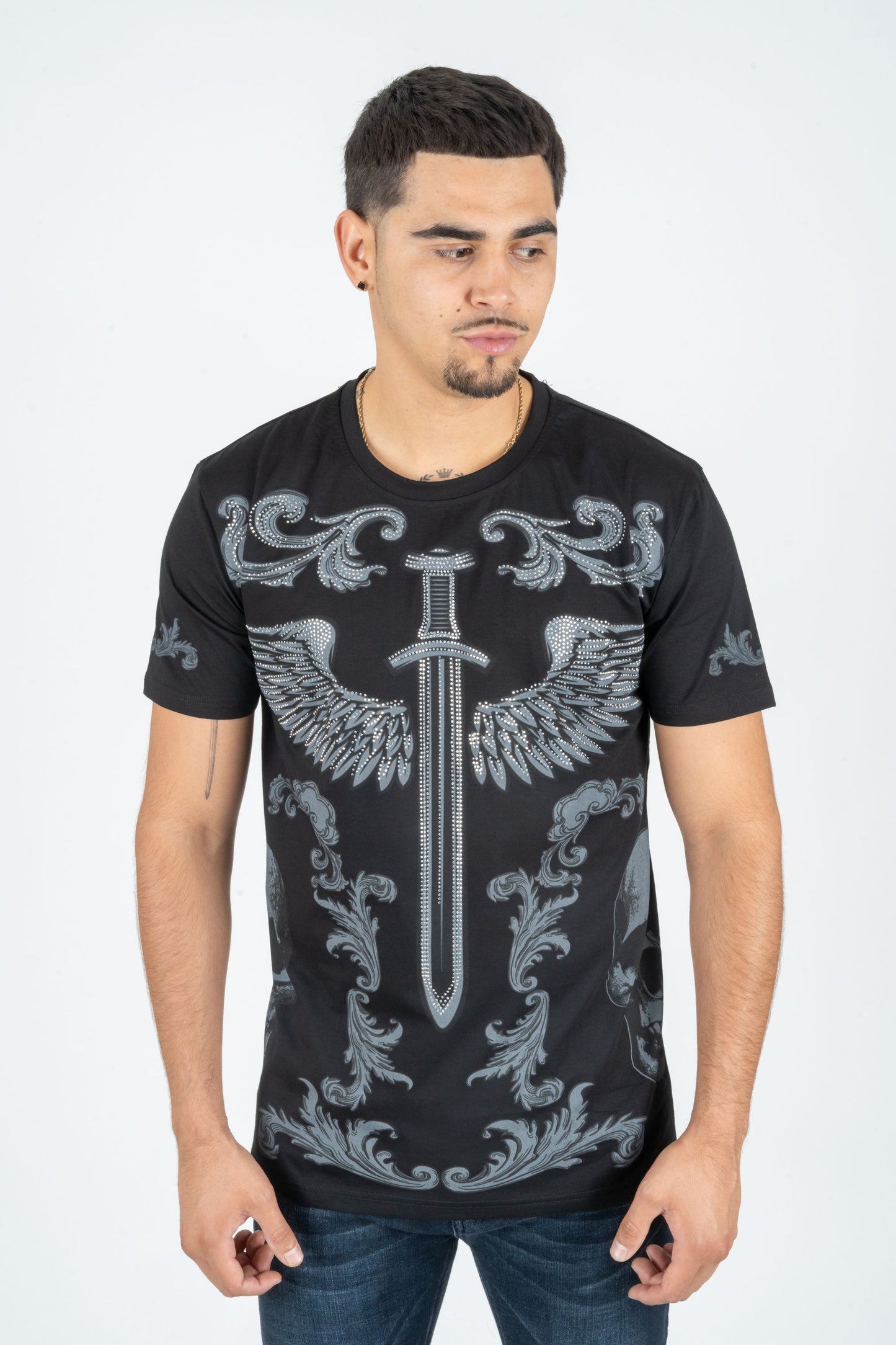 black rhinestone sword wings tee front platini