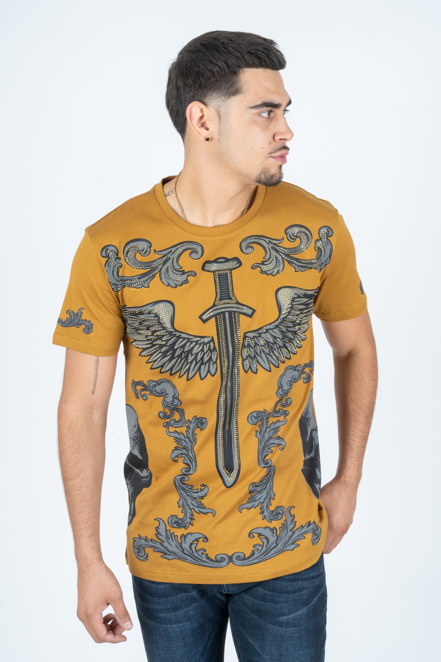 mustard rhinestone sword wings tee front platini