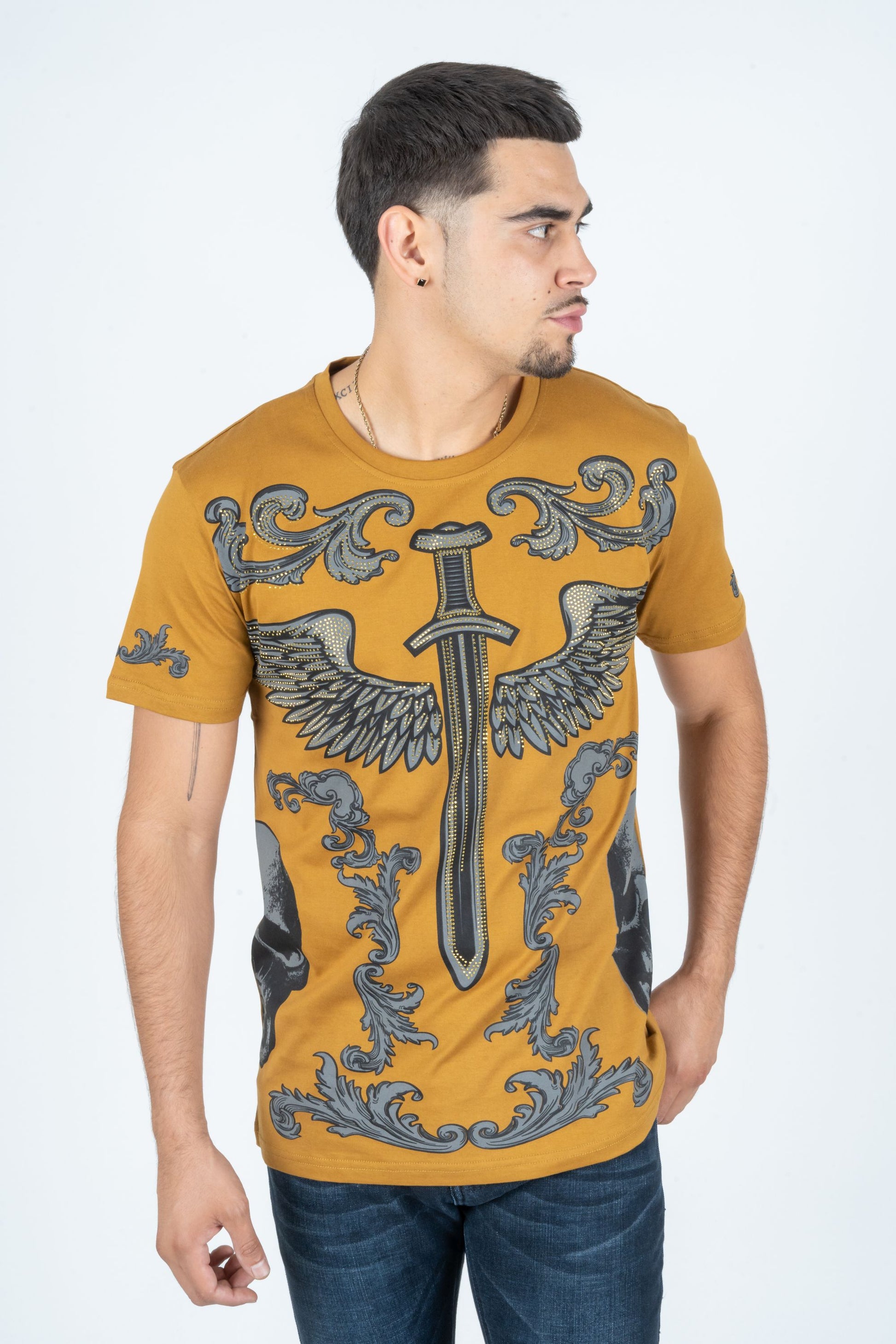 mustard rhinestone sword wings tee front platini
