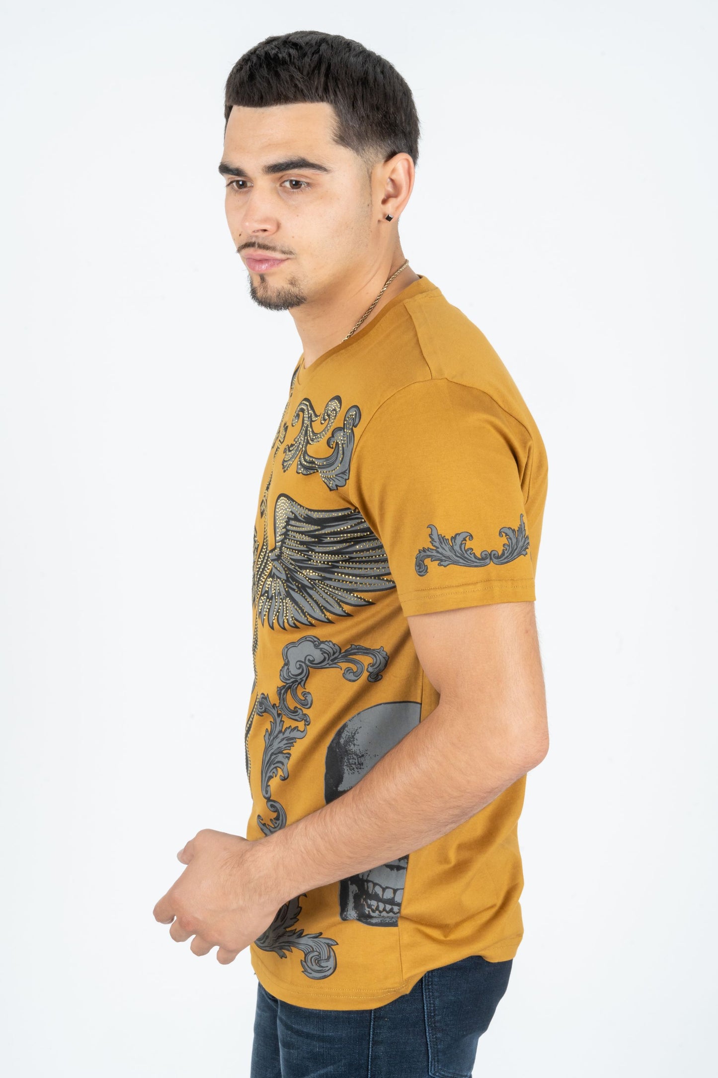 mustard rhinestone sword wings tee detail platini