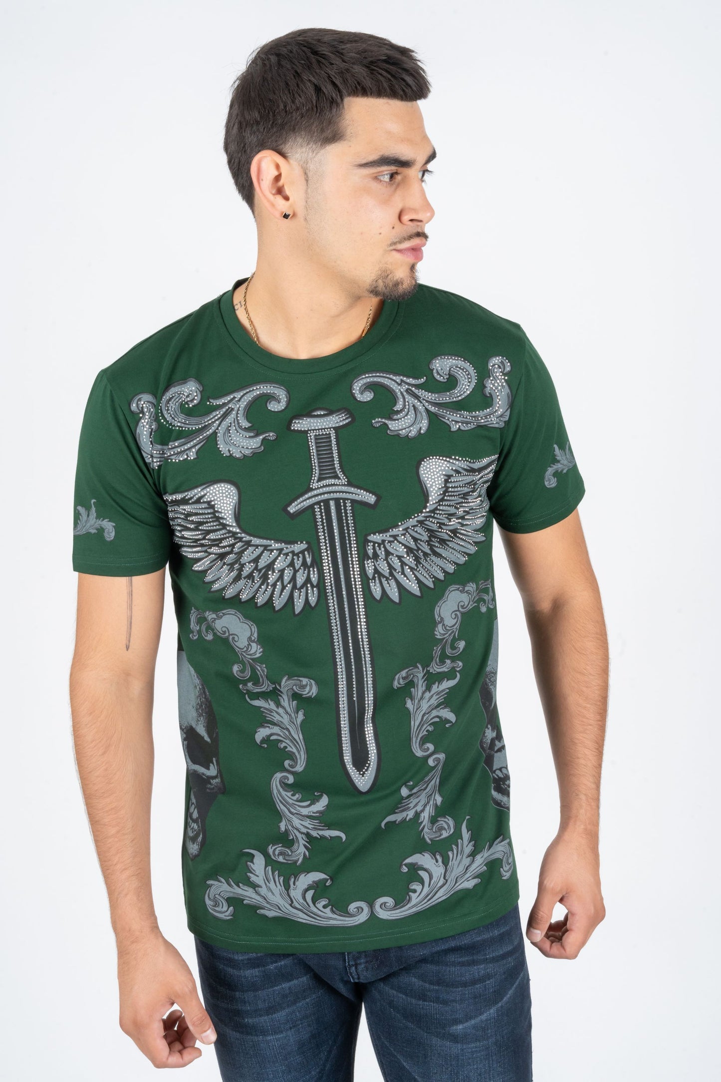 green rhinestone sword wings tee front platini