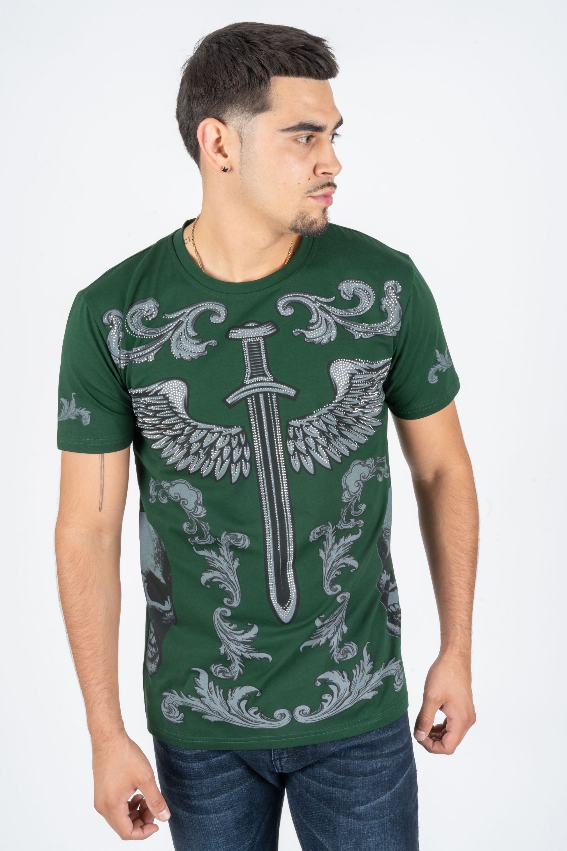 green rhinestone sword wings tee front platini