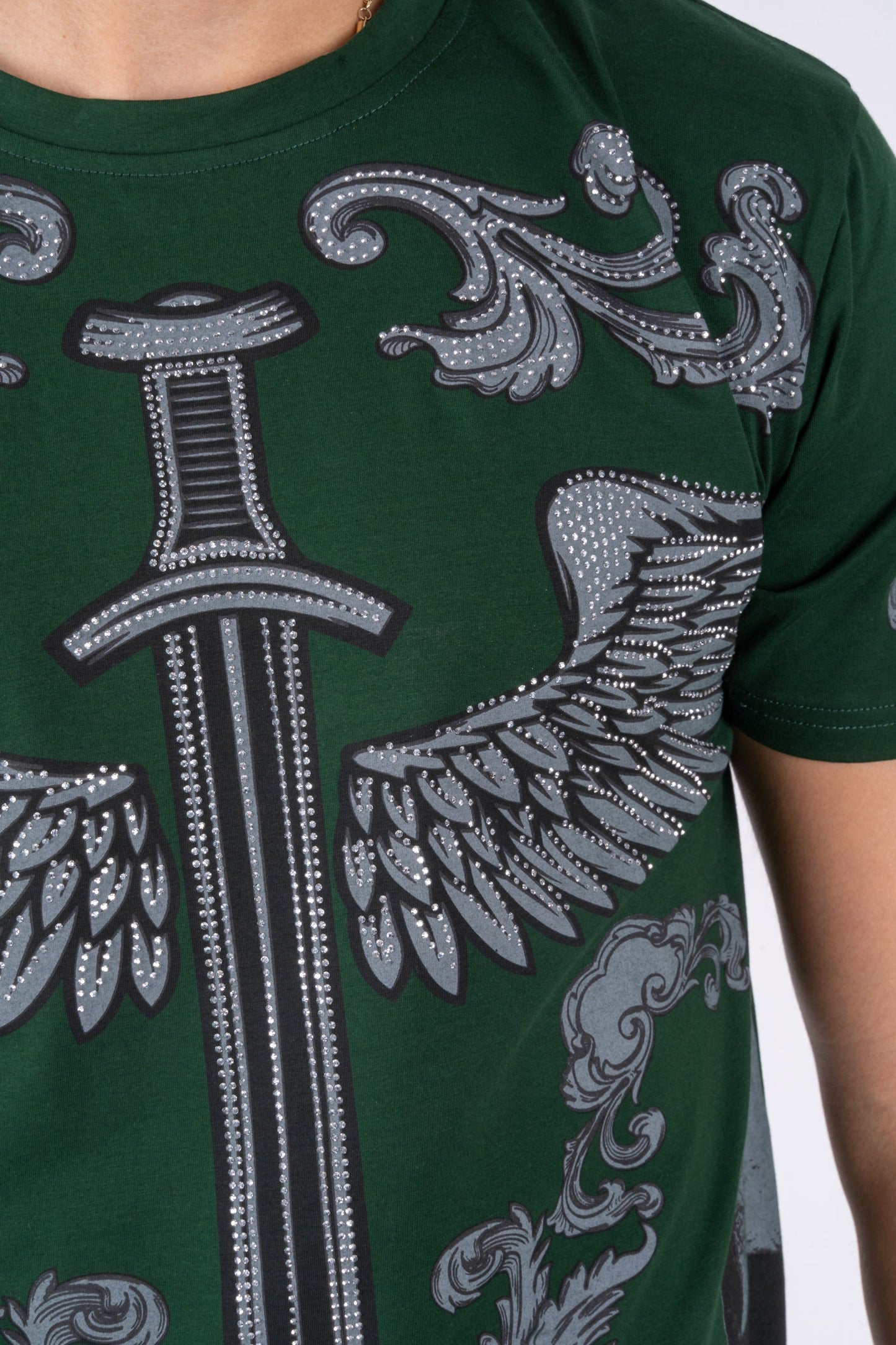 green rhinestone sword wings tee side platini