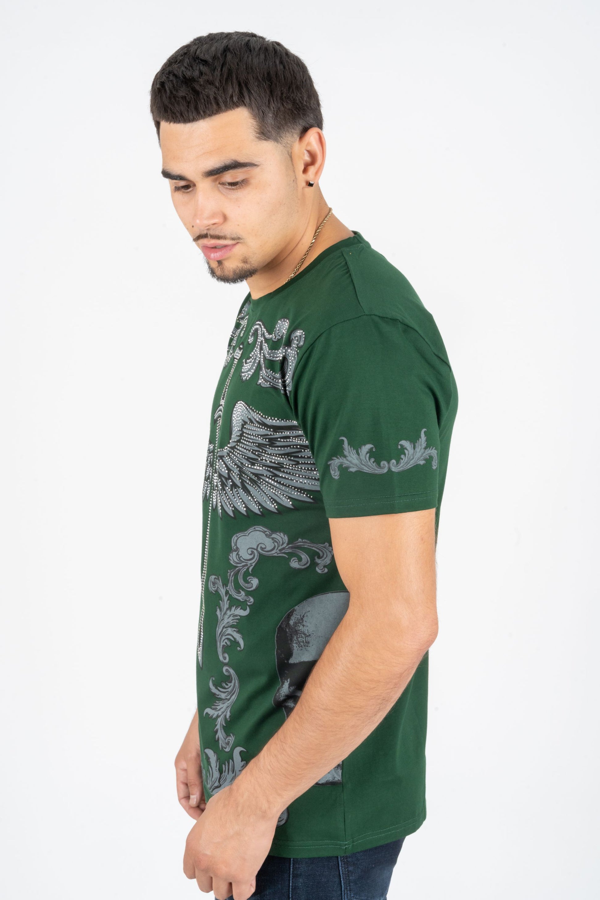 green rhinestone sword wings tee detail platini