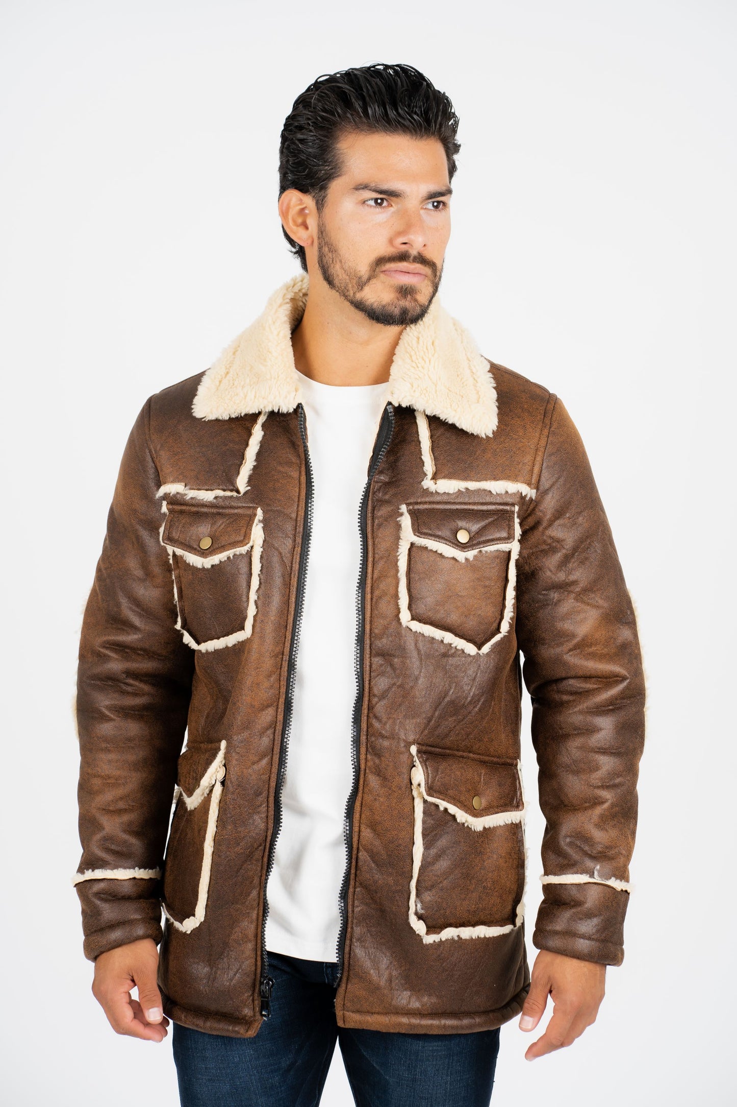 brown suede shearling jacket platini front