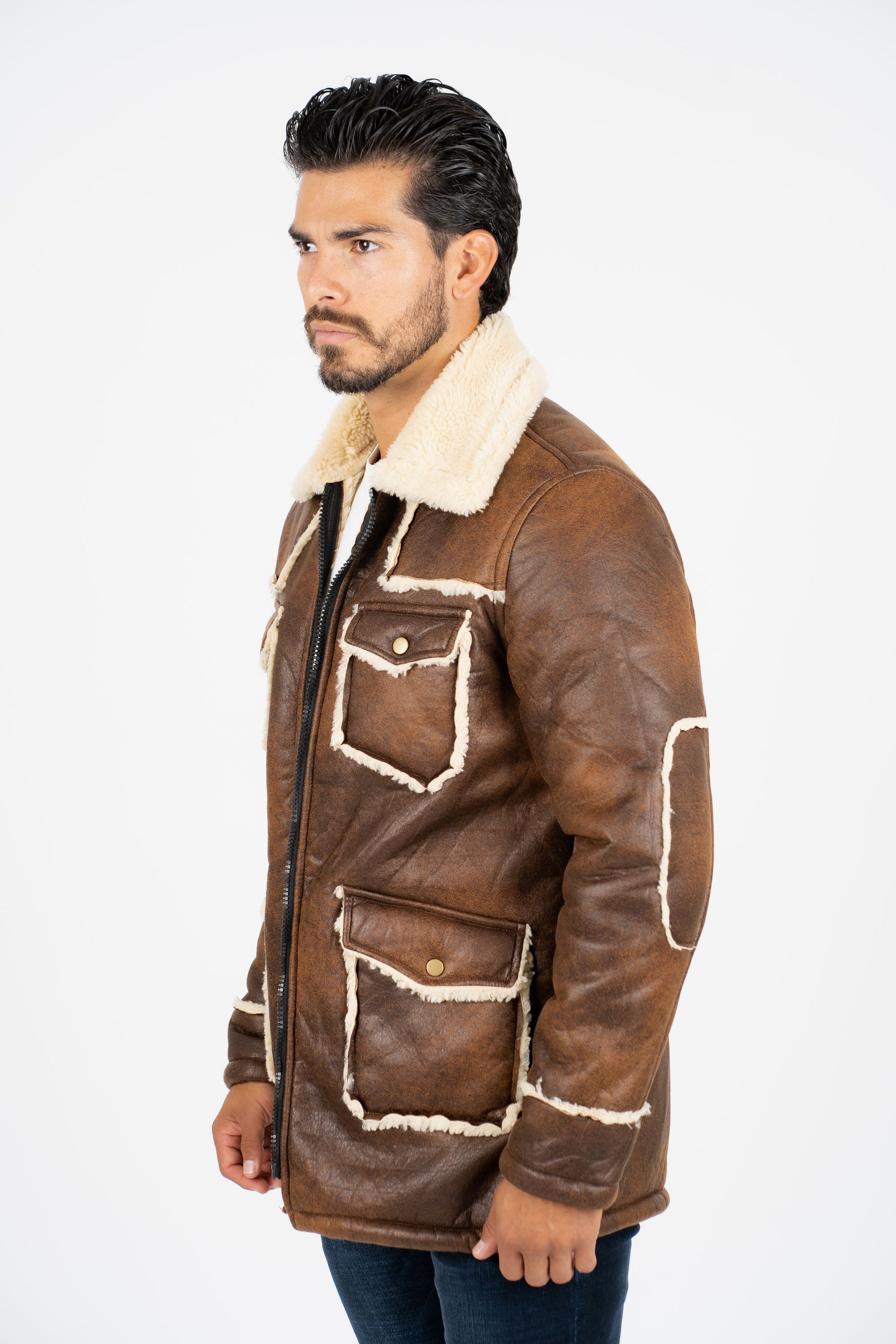 brown suede shearling jacket platini side