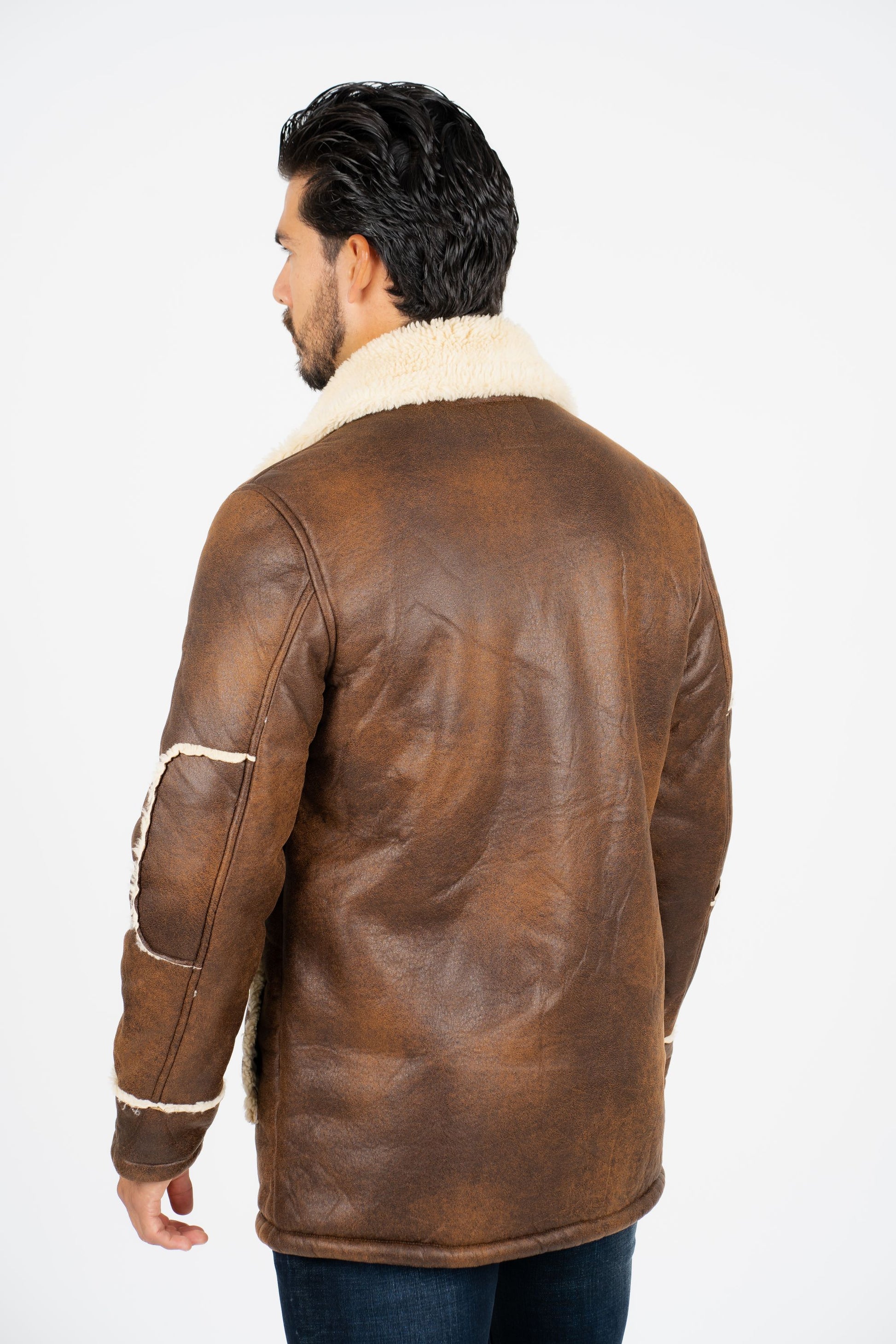 brown suede shearling jacket platini back