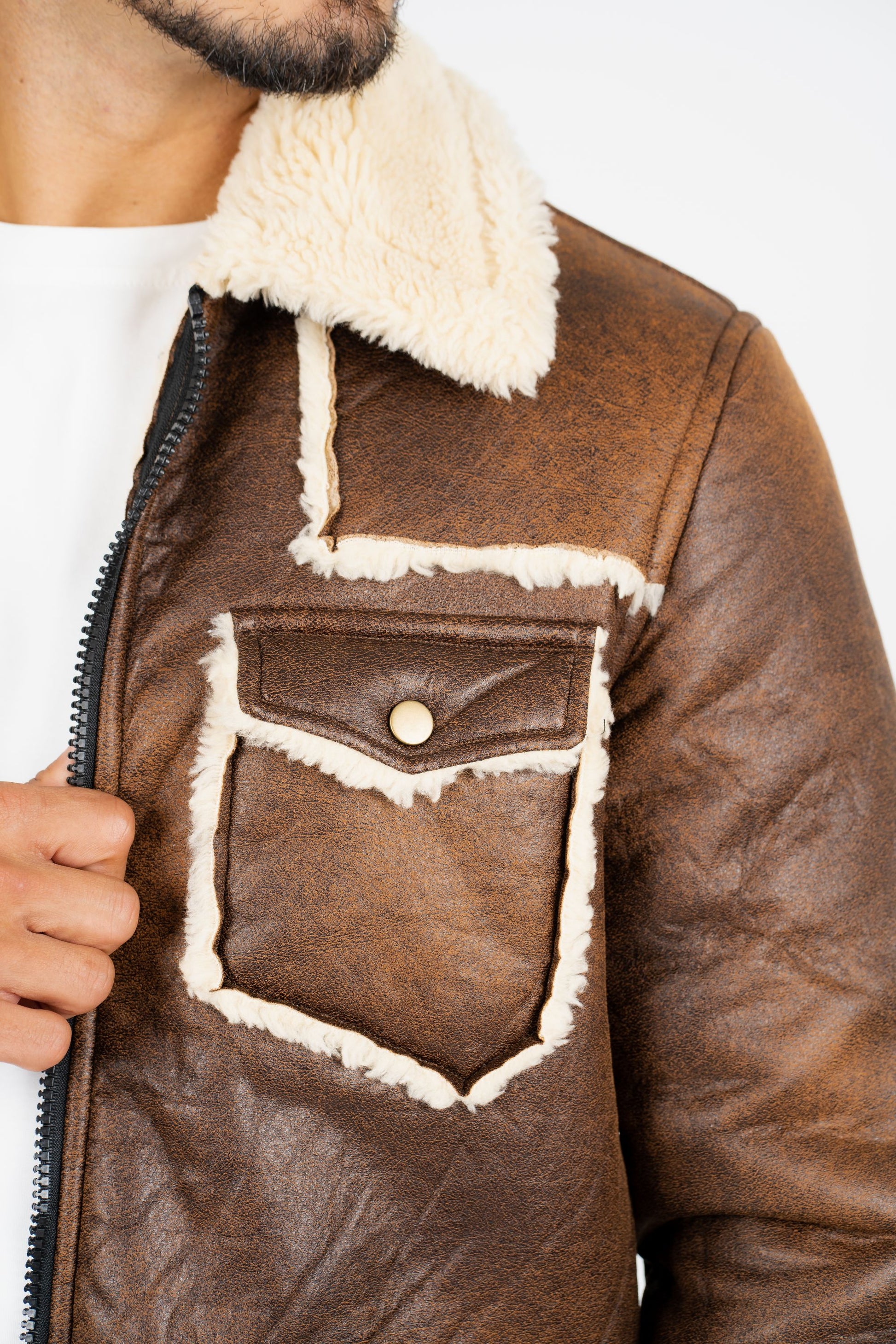 brown suede shearling jacket platini detail