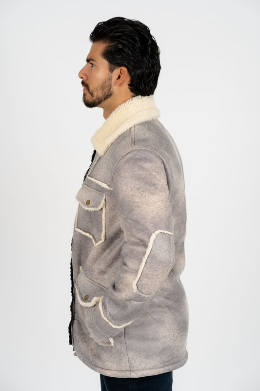 light grey suede shearling jacket detail platini side