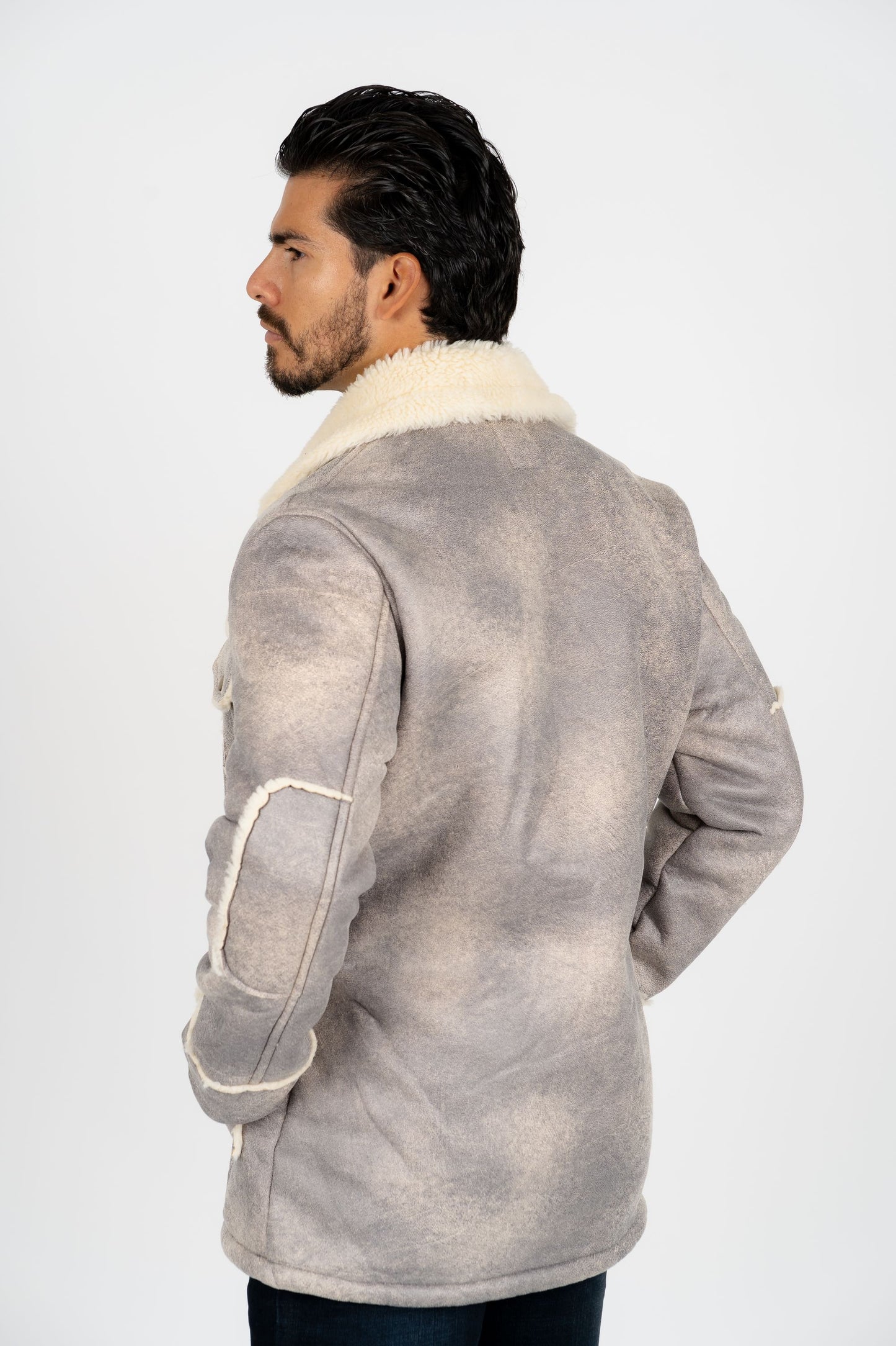 light grey suede shearling jacket side platini back