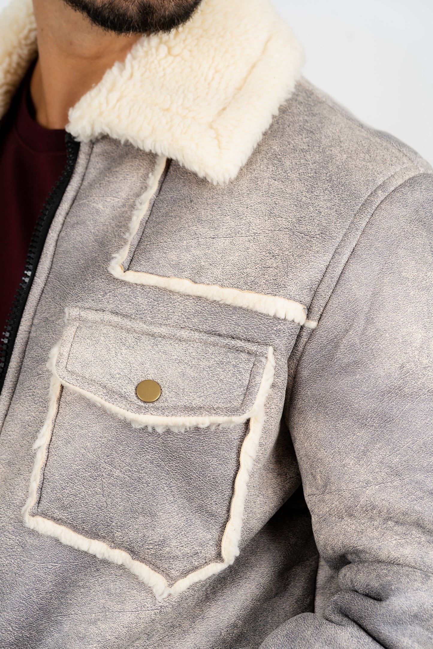 light grey suede shearling jacket back platini detail