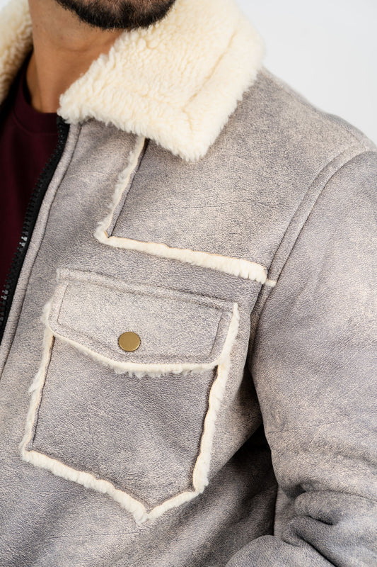 light grey suede shearling jacket back platini detail