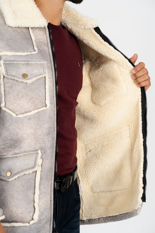 light grey suede shearling jacket close platini detail